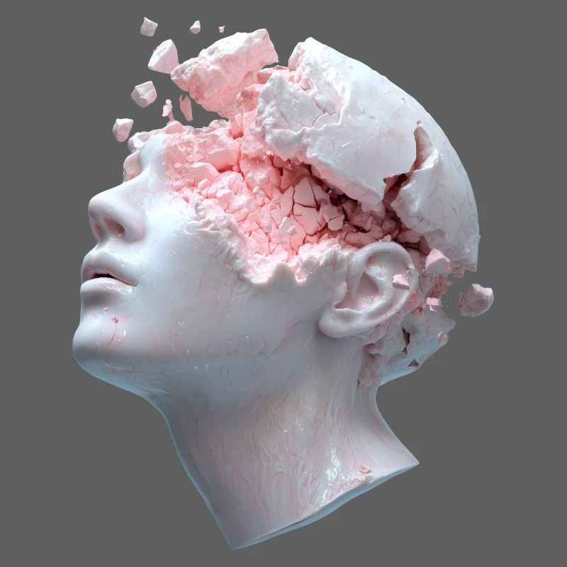 Decaying head, inner thoughts as debris