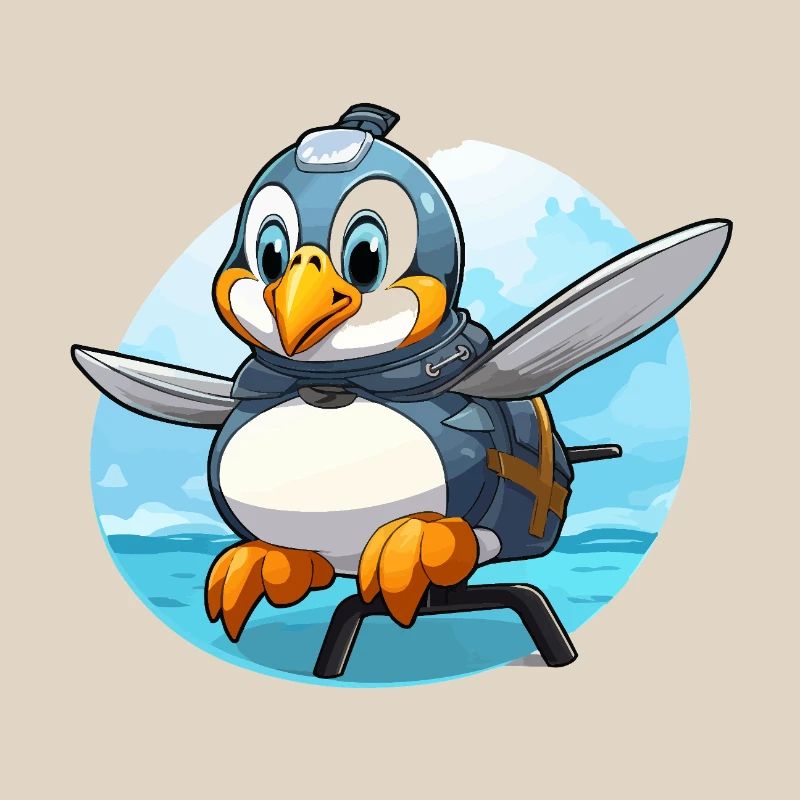Flying penguin with backpack