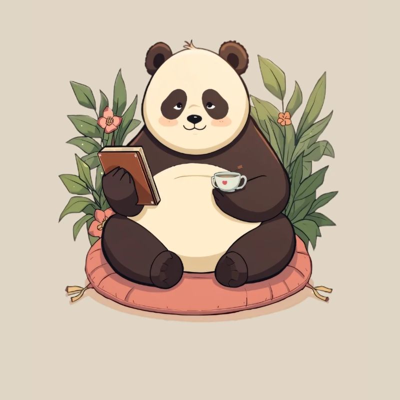 Panda reading with tea