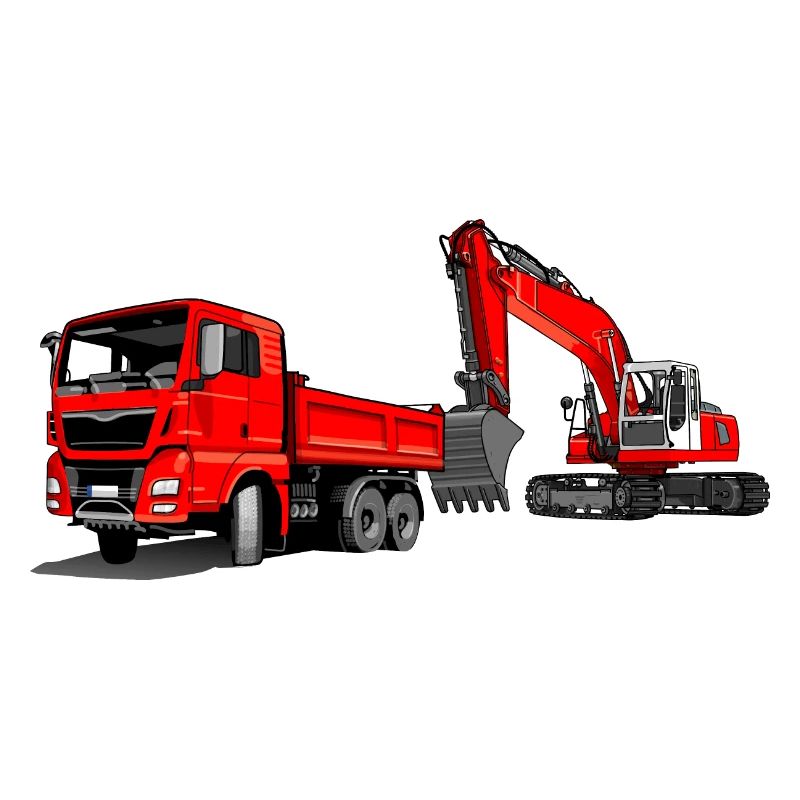 Construction site with excavator and dump truck