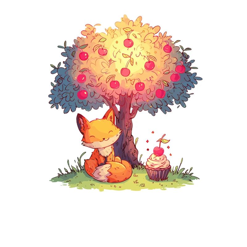 Fox on the apple tree with cupcake