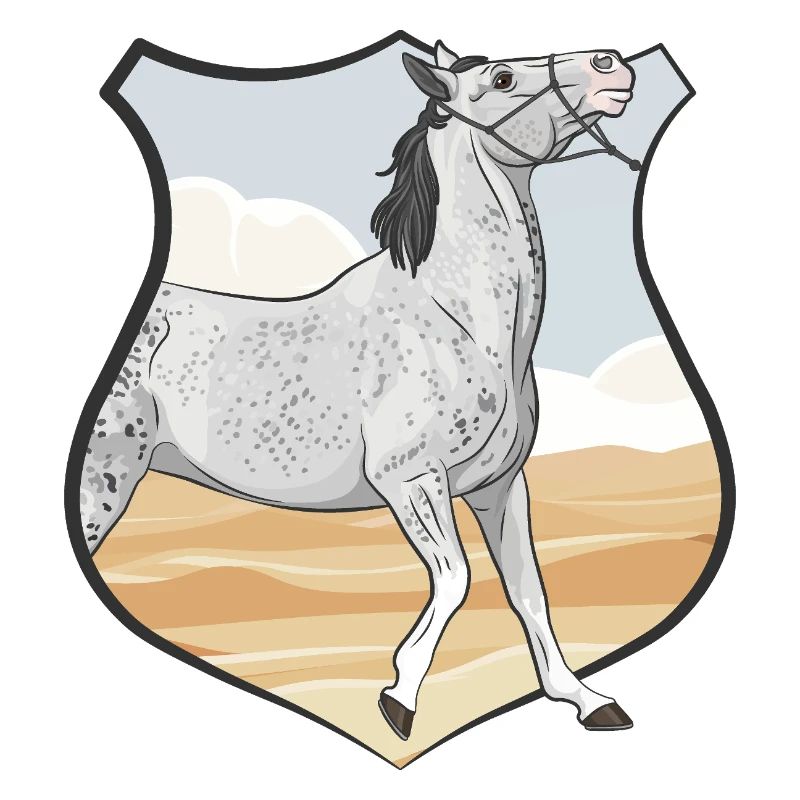 Ein graues Pferd, ein Wappen und eine Wüste