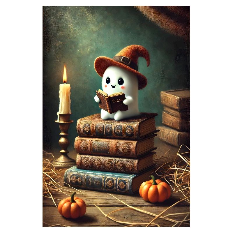 Reading Halloween ghost with a witch hat