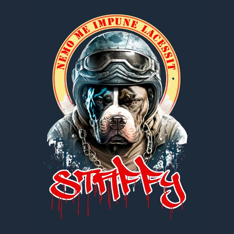 Staffie biker avec phrase nemo me impune lacessit