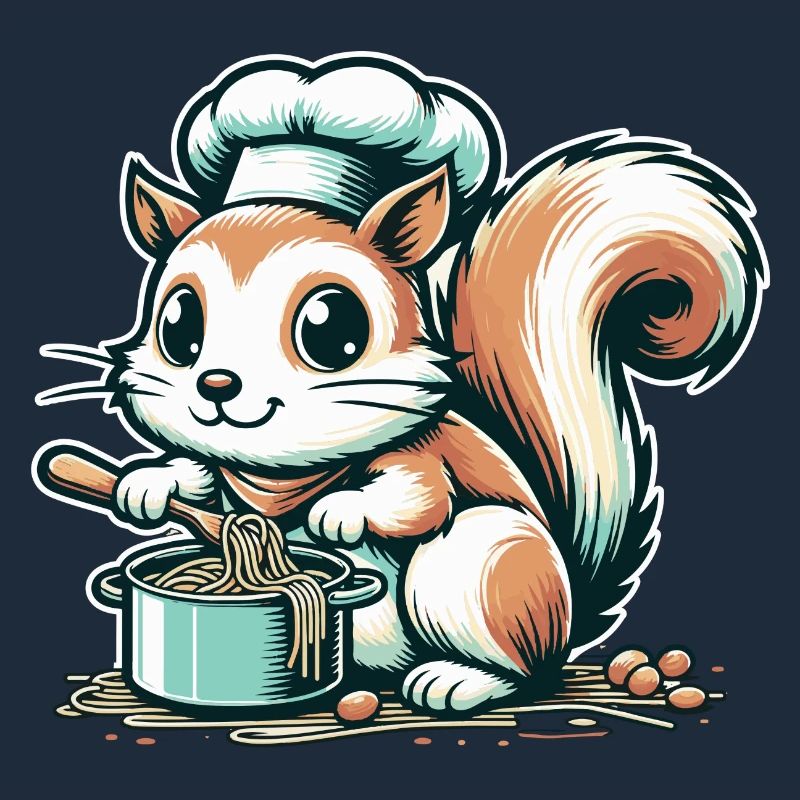 Mignon écureuil de dessin animé cuisinant des spaghettis