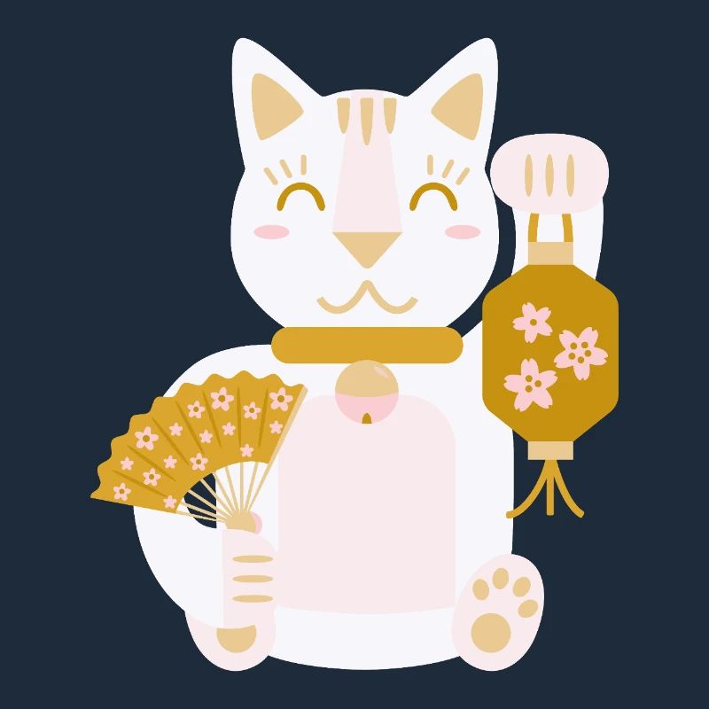 Maneki Neko L Chat porte-bonheur avec éventail et lanterne