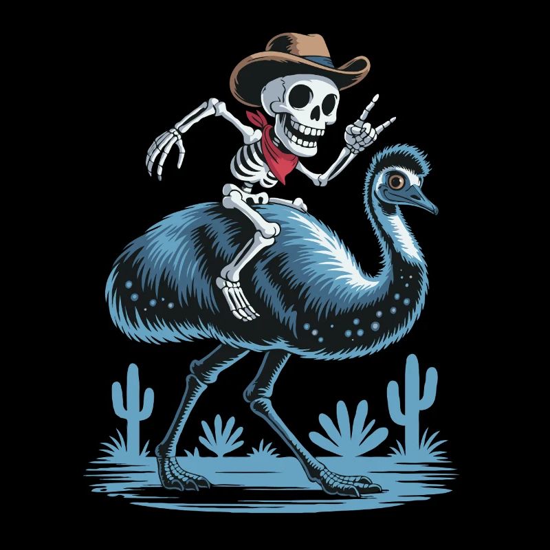 Skeleton on Emu with Cowboy Hat