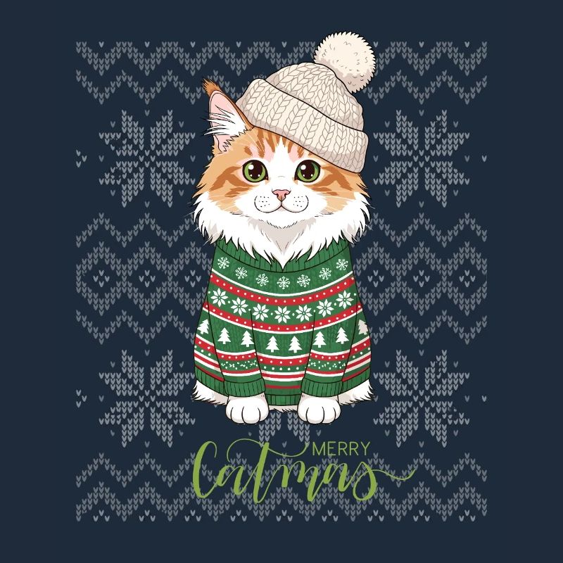 Chat Noël en pull vert et beige