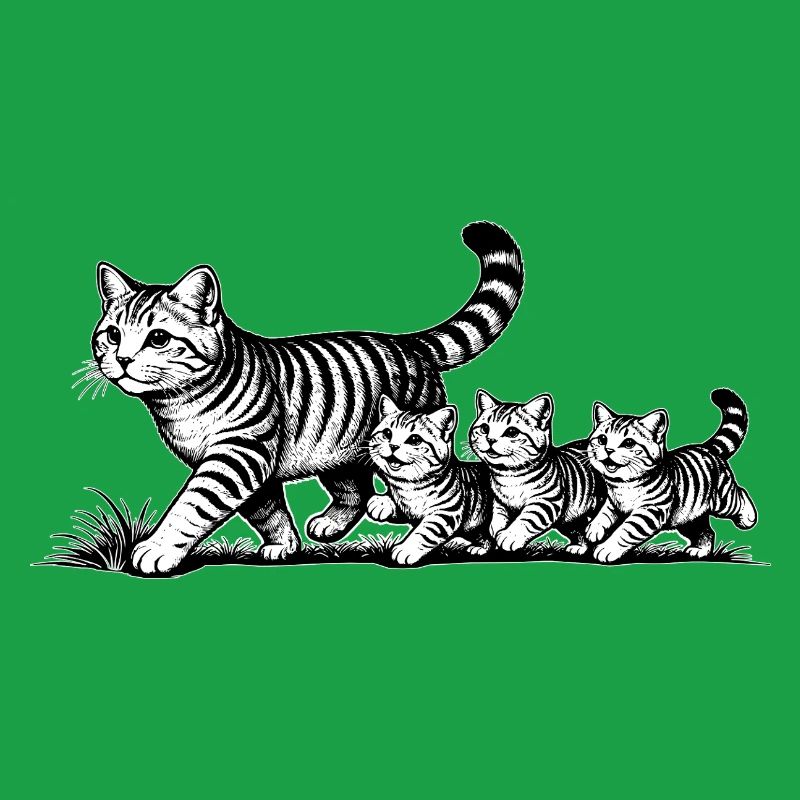 Mère chatte avec 3 chatons, noir et blanc