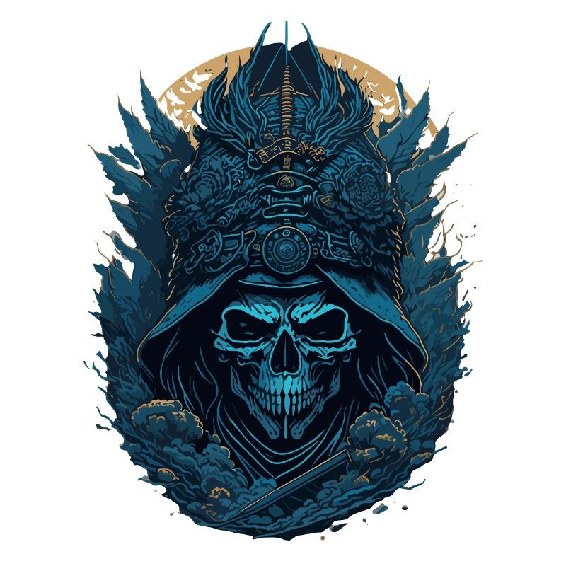 crane squelette samouraï bleu - blue samurai skull