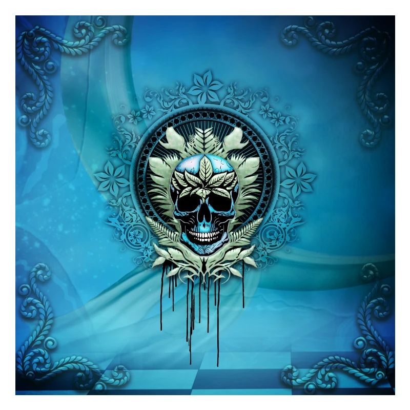 Elegant blue decorative skull with leaves.