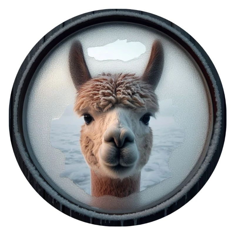 Alpaca looking through a window