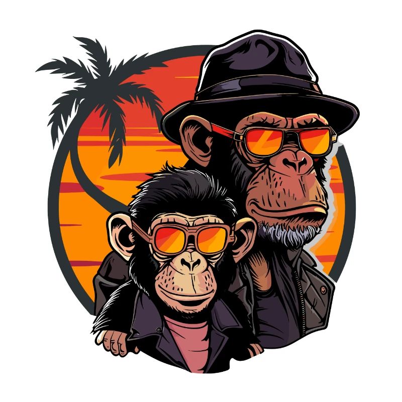 Monkey Dad Son Monkey Chimpanzee Animal Vintage
