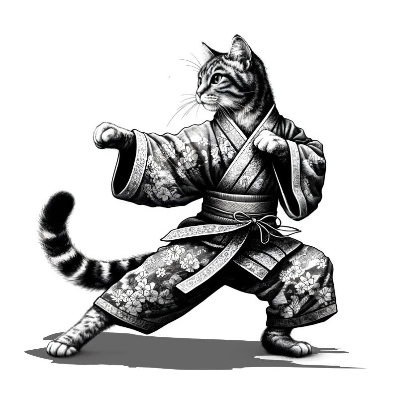 Chat avec kimono en position de combat de kung-fu