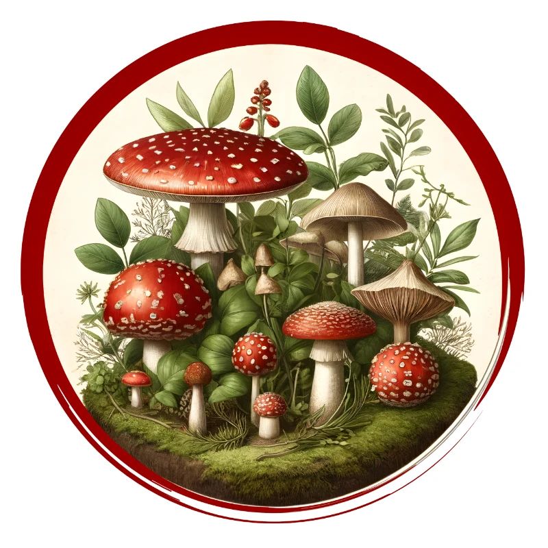 Detailed red toadstools on forest floor