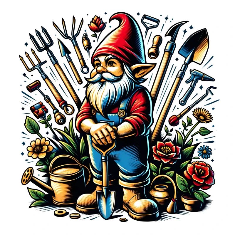 Colorful, living garden gnome surrounded by tools