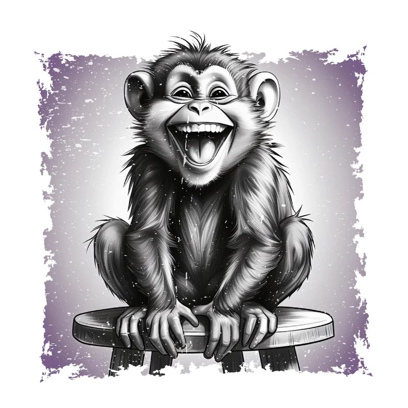 Monkey laughing sitting on stool
