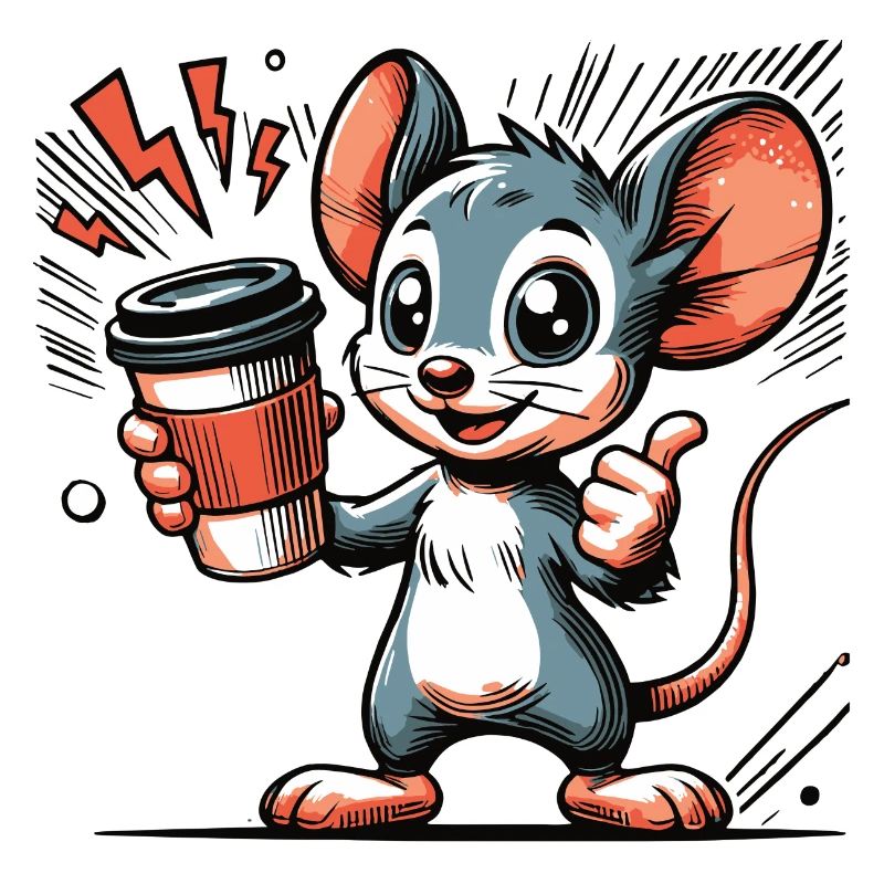 Dessin animé d’une souris joyeuse avec du café