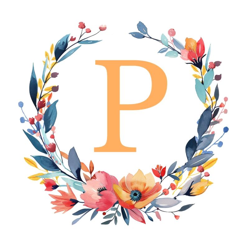 P Monogram, Flower Wreath, Personalizable