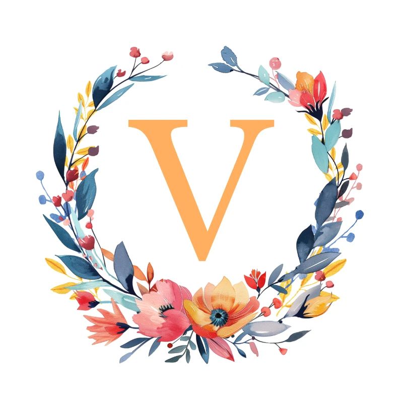 V Monogramm, Blumen-Kranz, personalisierbar