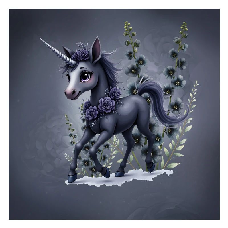 Licorne mystique avec des fleurs dans les tons bleus