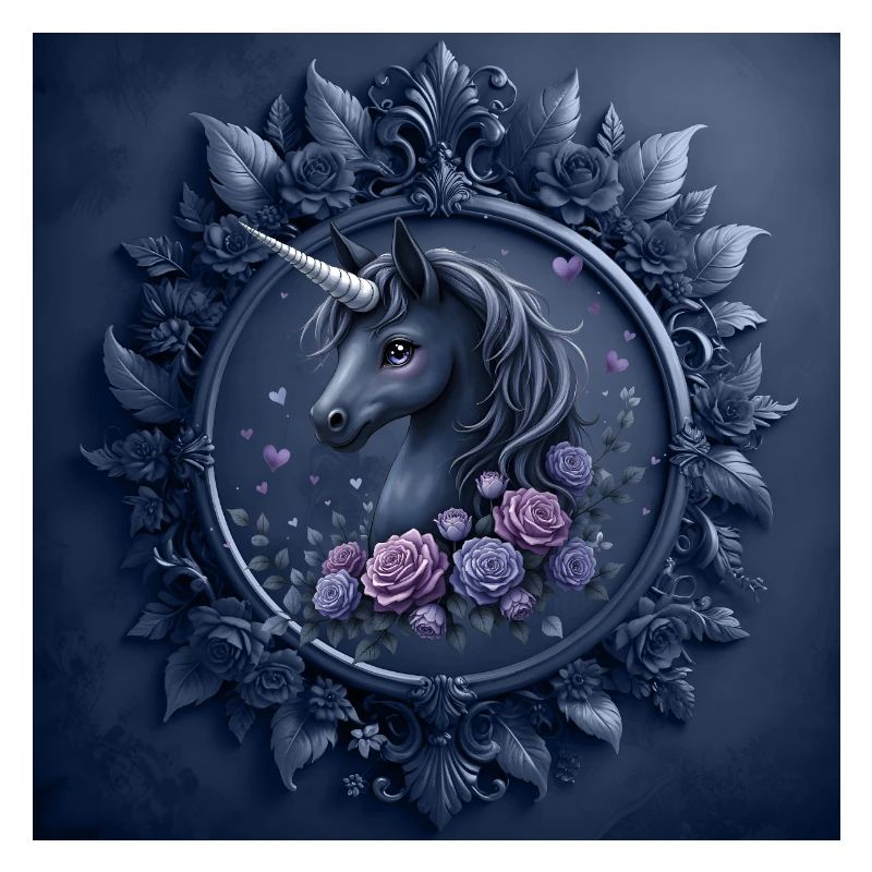 Licorne avec des fleurs dans les tons bleus