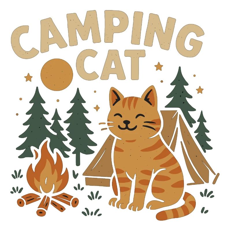 Camping cat with tent and campfire