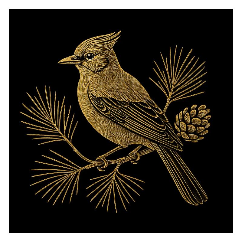 Oiseau doré sur pin avec pommes de pin