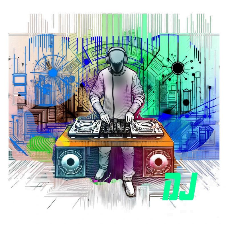 Dynamischer DJ mit bunten Techno-Designs