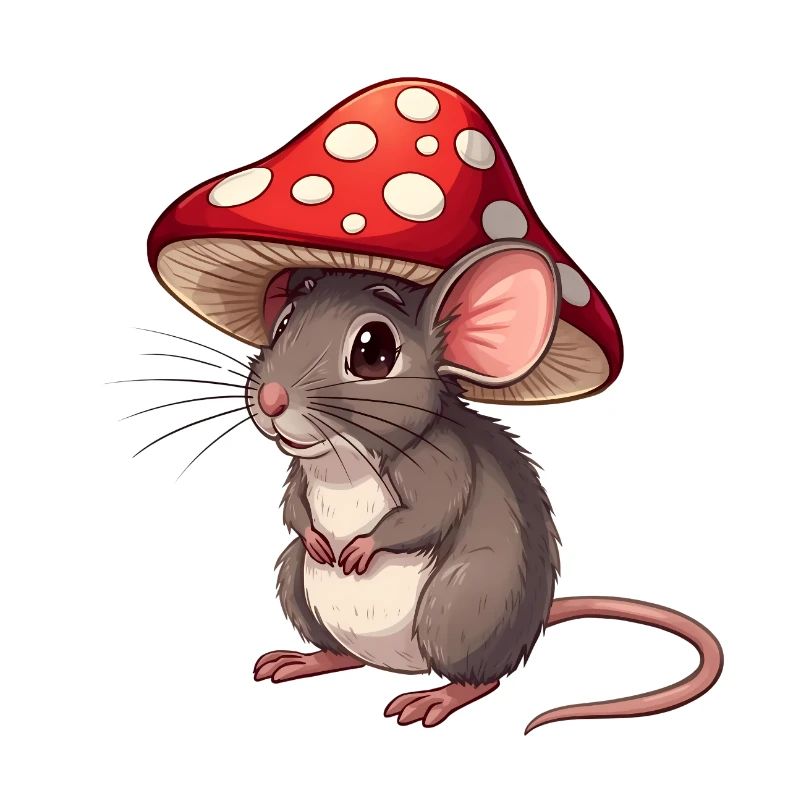 Little Mouse with Toadstool Hat Cute Forest Motif