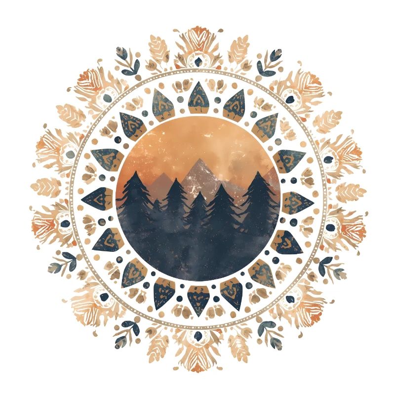 Boho Mandala with Forest & Mountains in Sunlight