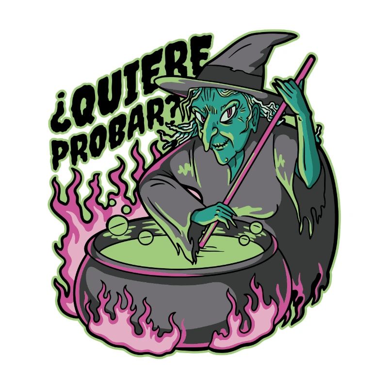 Neon witch in cauldron