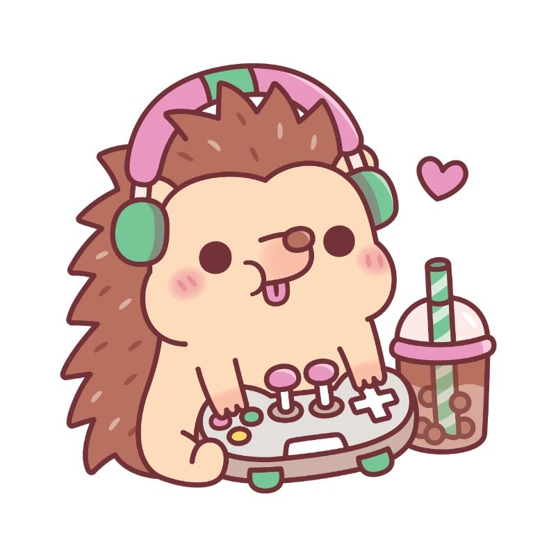 Cute Hedgehog With Game Controller And Boba Tea