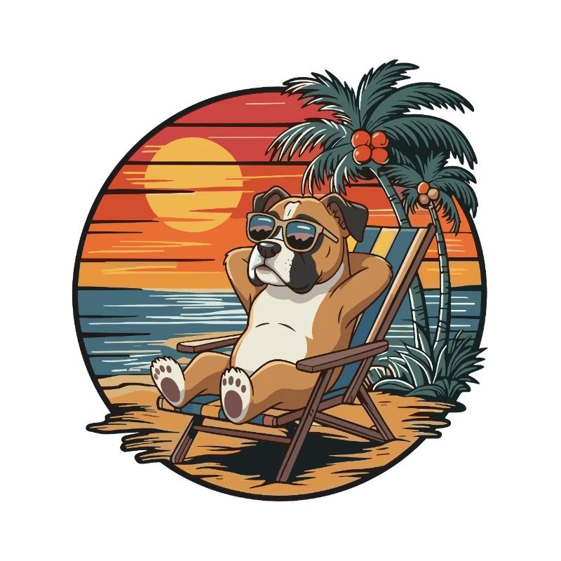Funny Boxer Dog on Beach Summer Vacation Sunset