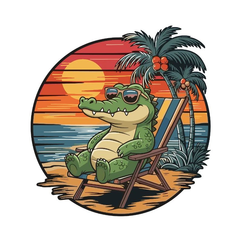 Funny Crocodile on Beach Summer Vacation Sunset