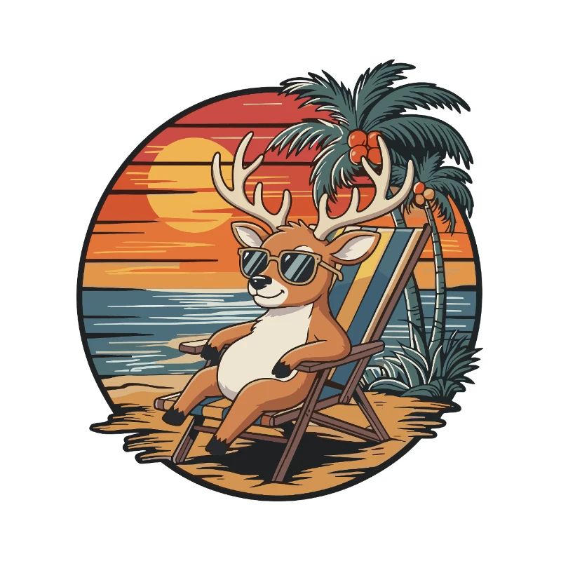 Funny Deer on Beach Summer Vacation Sunset