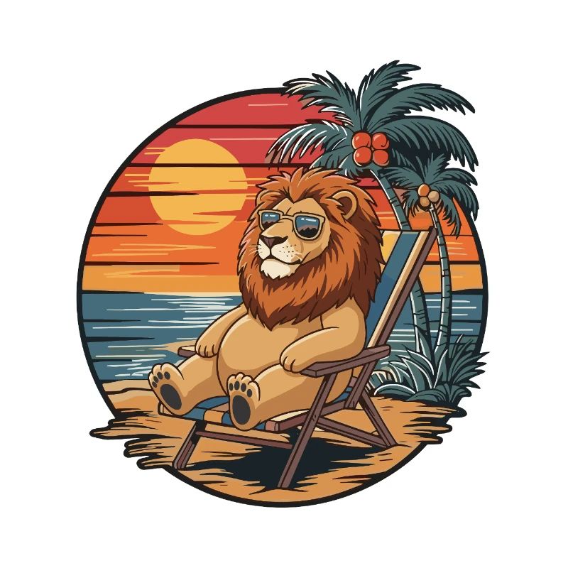 Funny Lion on Beach Summer Vacation Sunset
