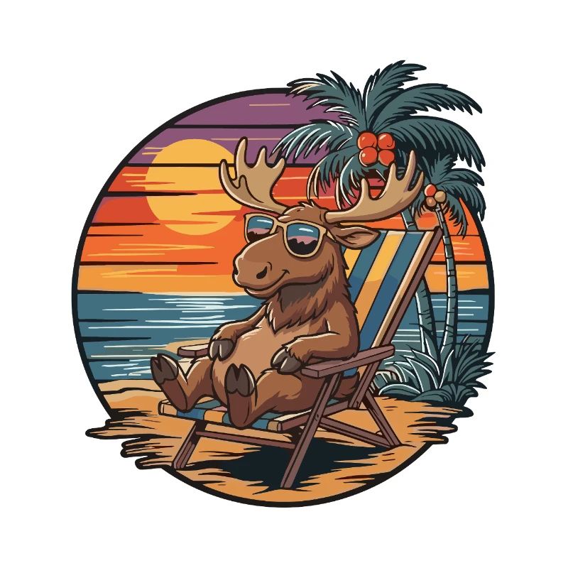 Funny Moose on Beach Summer Vacation Sunset