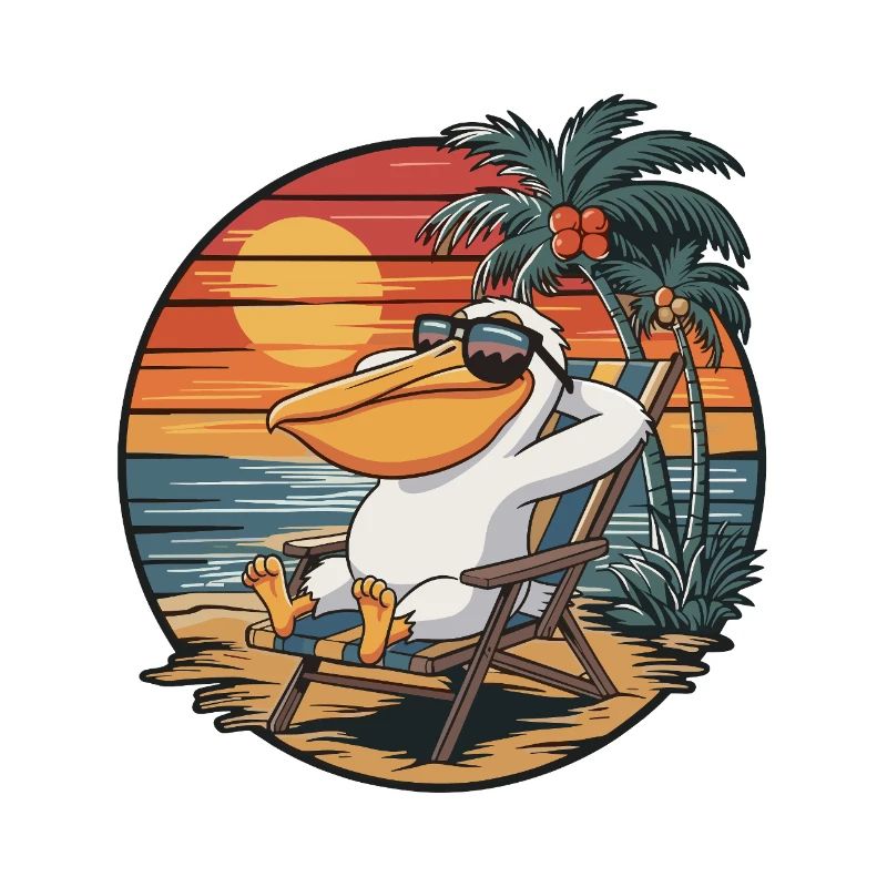 Funny Pelican on Beach Summer Vacation Sunset