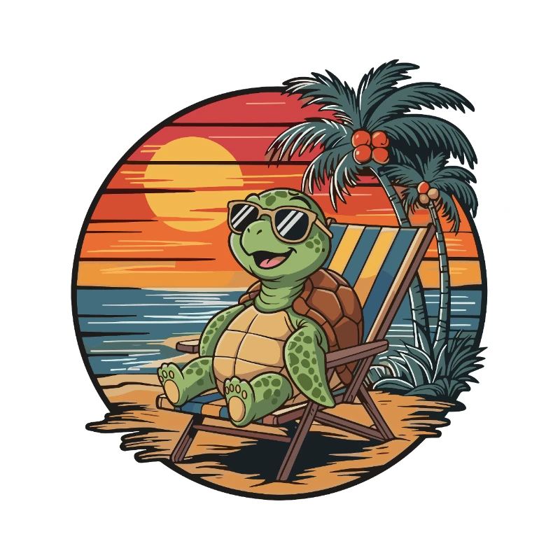 Funny Turtle on Beach Summer Vacation Sunset