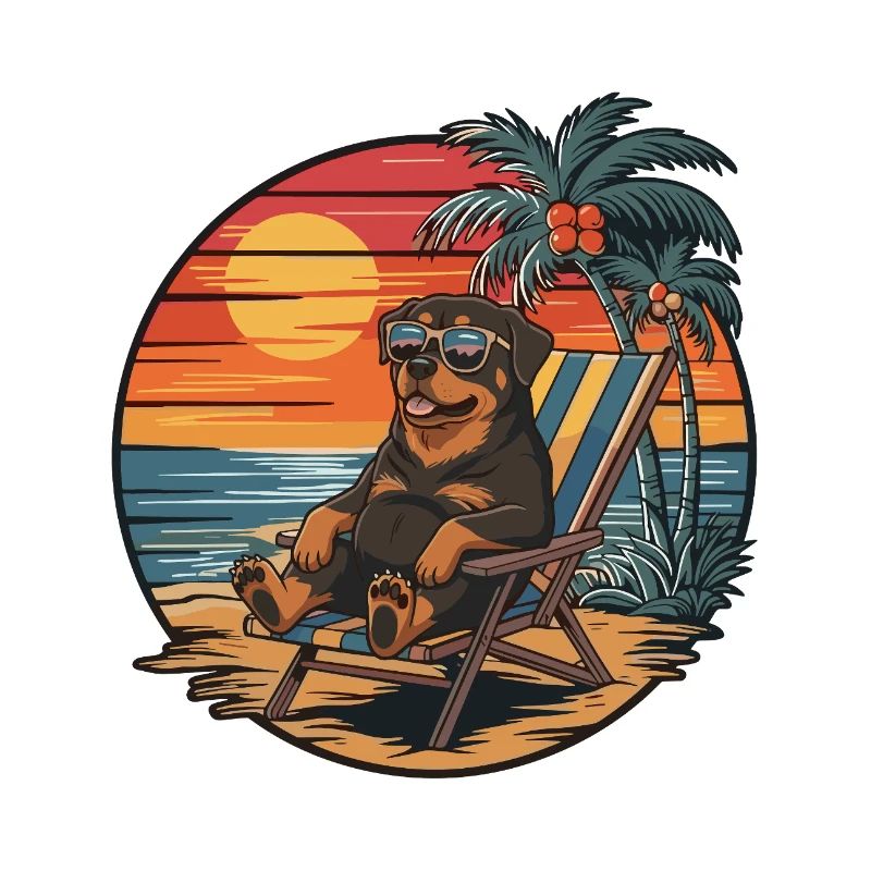 Funny Rottweiler Dog on Beach Summer Sunset
