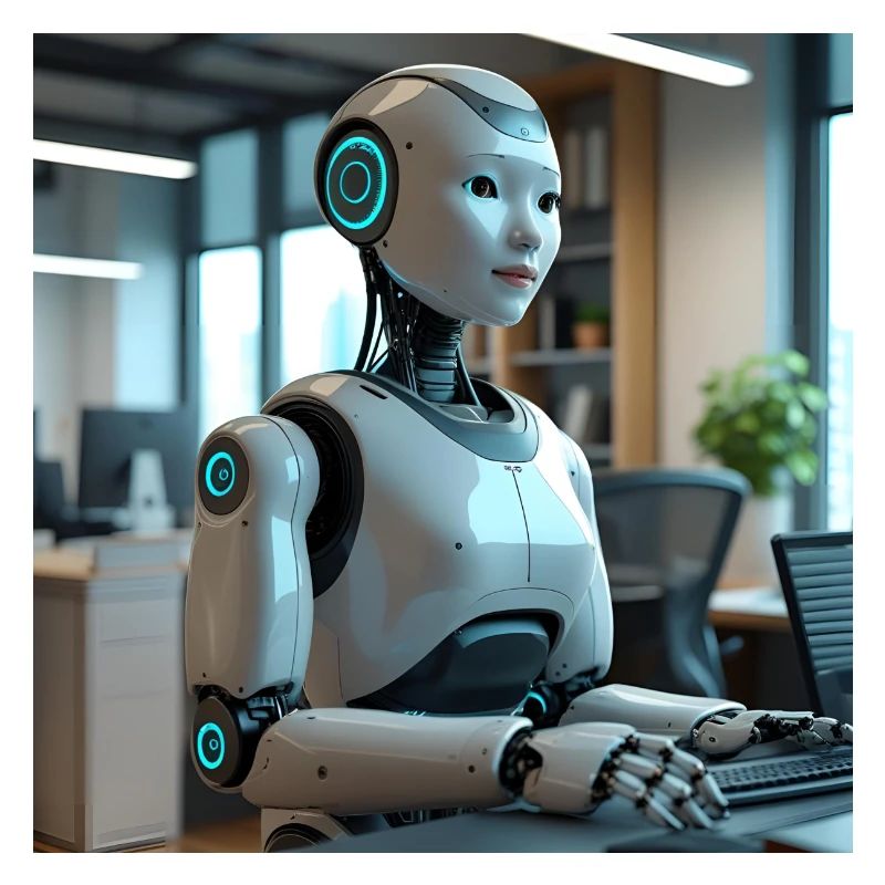 Humanoid robot in blue office