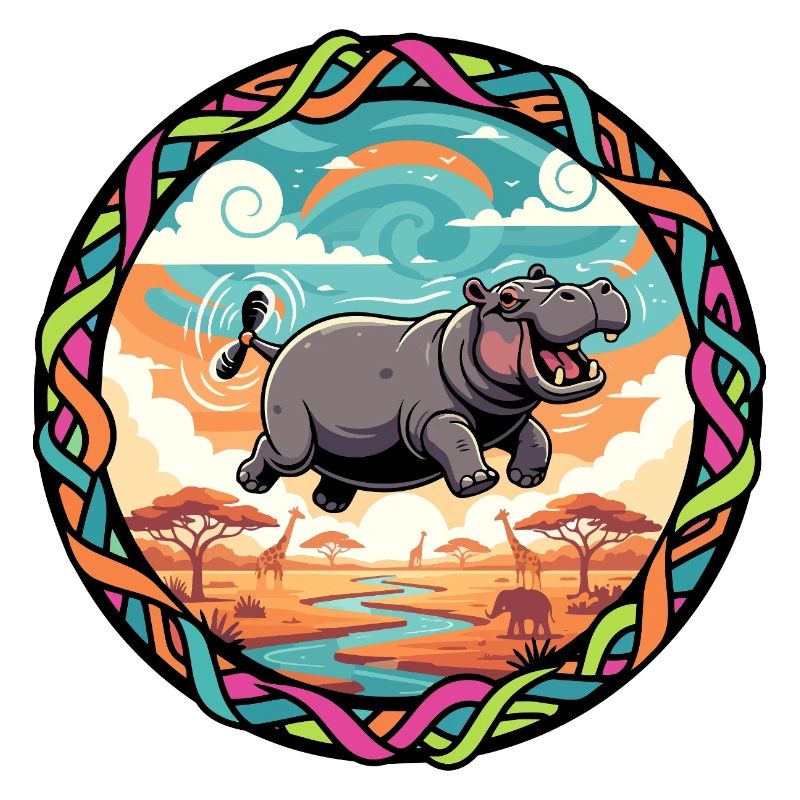 Witziger Hippo fliegendes Nilpferd bunt Savanne 