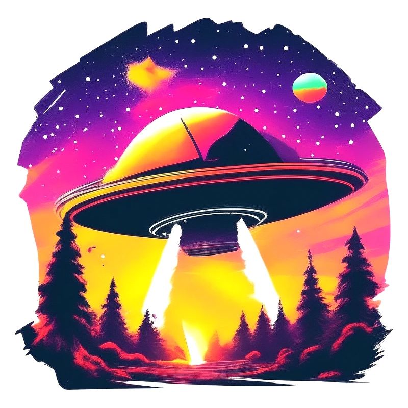 Neon UFO over neon forest