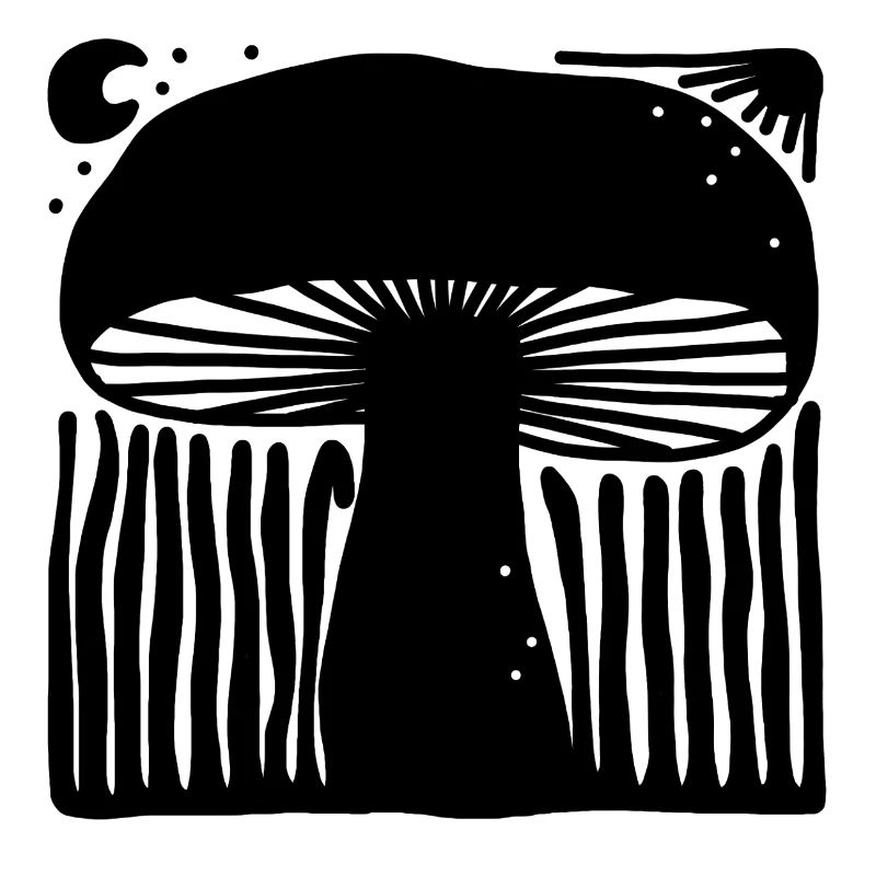 Mystical Celestial Mushroom Linocut Illustration