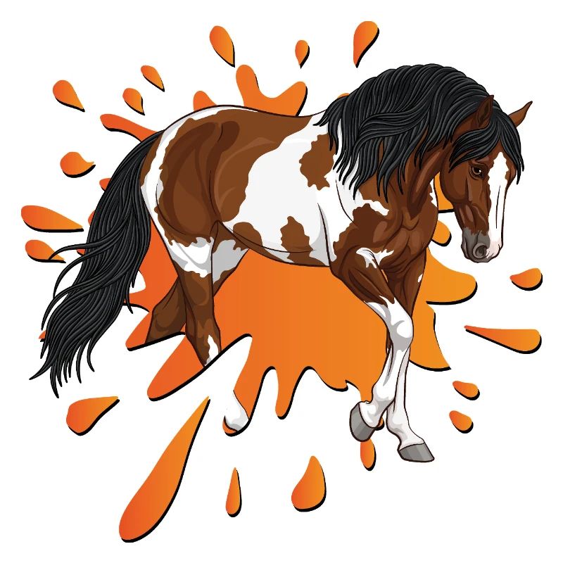 Un cheval pie devant une tache d'encre orange