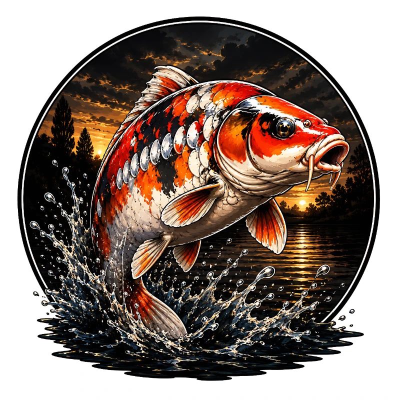 Red White Koi Carp Sunset Design