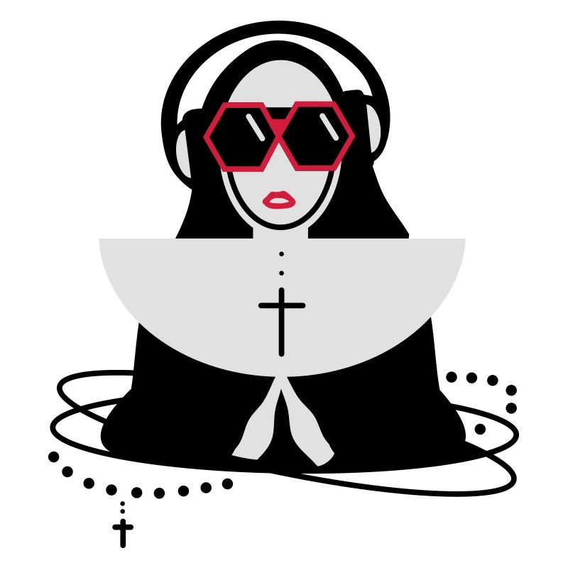 Nonne mit Sonnenbrille und Kopfhörer