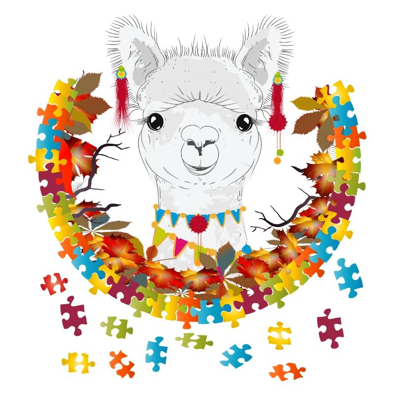 decorated alpaca in an autumnal setting