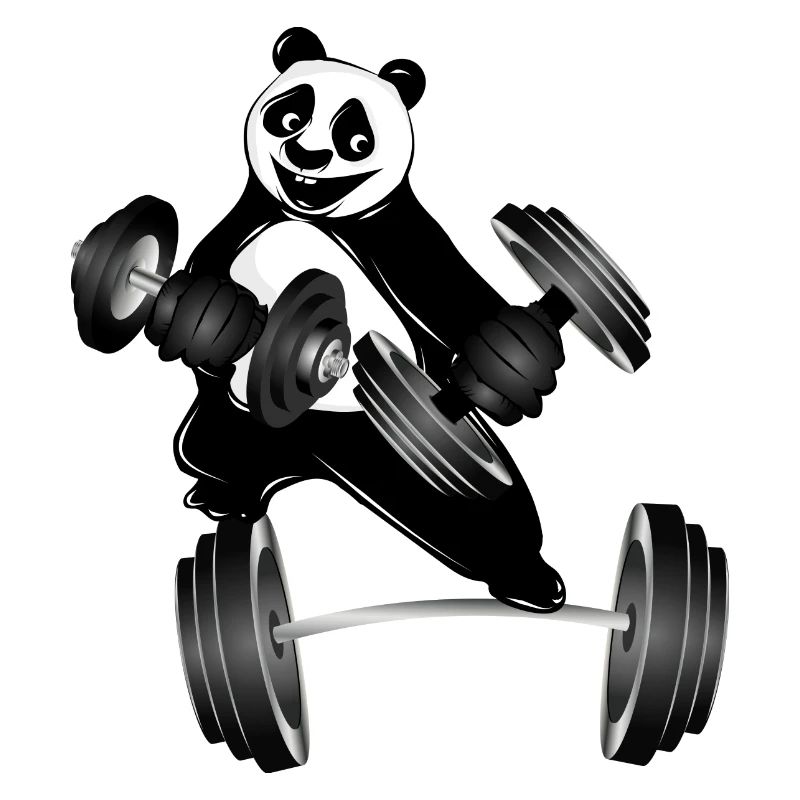 Bodybuilder panda bear with dumbbells while exercising